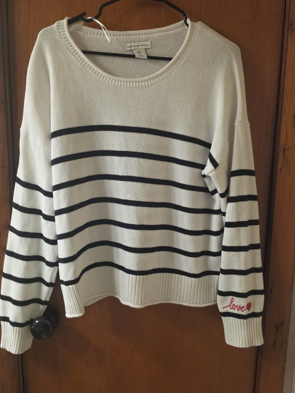 cupcakes & cashmere White and Black Striped Scoopneck Sweater with Red Accent